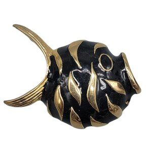Blowfish Brooch Black Enamel & Gold Tone Vintage Puffy Sealife Pin Unmarked